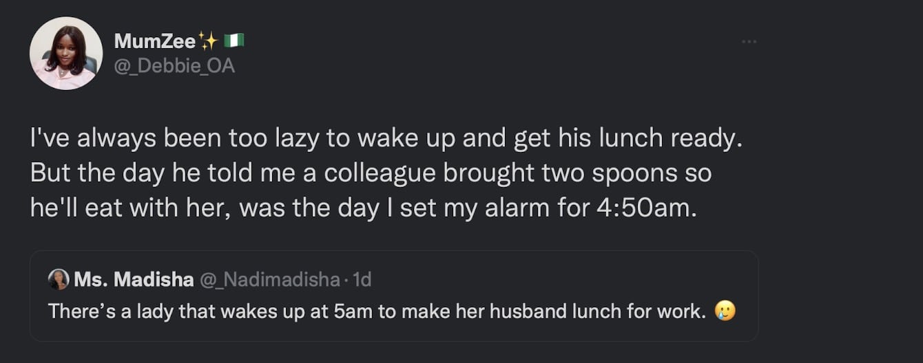 Lady who does not make lunch for husband reveals move after female colleague offered food to her man